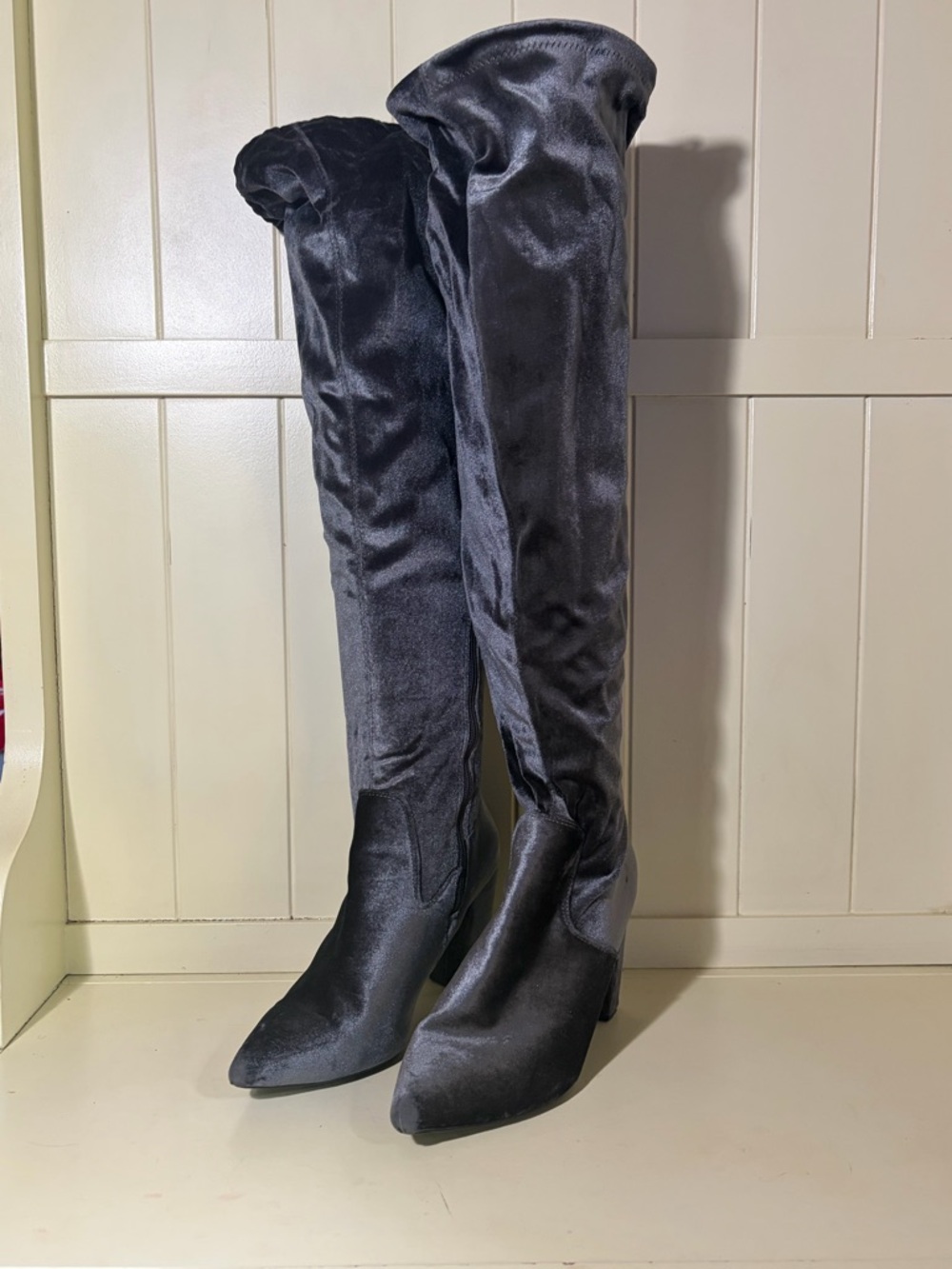 Women's Dark Grey Over-the-Knee Velvet Boots - Stylish Thigh High Heels Size 11